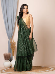Laa Calcutta Bottle Green & Gold women sequence silk blend handloom saree