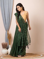 Laa Calcutta Bottle Green & Gold women sequence silk blend handloom saree