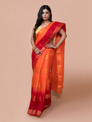 Laa Calcutaa Orange & Red pure cotton taant saree for women