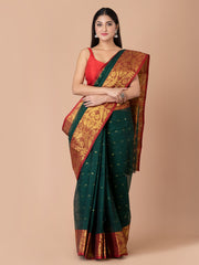 Deep Green & Maroon pure cotton woven design taant saree
