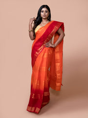 Laa Calcutaa Orange & Red pure cotton taant saree for women