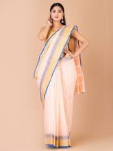 Peach & Blue pure cotton woven design taant saree