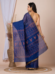 Laa Calcutta Blue & Copper printed pure cotton taant saree
