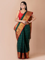 Deep Green & Maroon pure cotton woven design taant saree