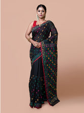 Laa Calcutta Black & Multi Chanderi silk printed pattterns hand woven embroidered kantha stitch saree for women