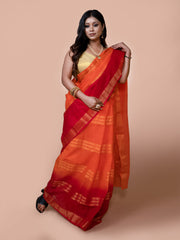 Laa Calcutaa Orange & Red pure cotton taant saree for women