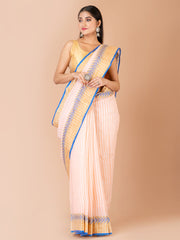 Peach & Blue pure cotton woven design taant saree