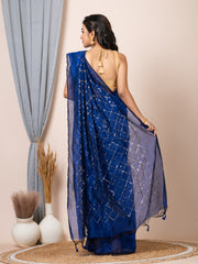 Laa Calcutta Navy Blue & Gold women sequence silk blend handloom saree