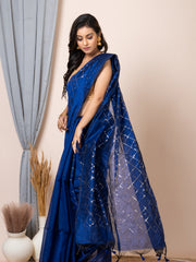 Laa Calcutta Navy Blue & Gold women sequence silk blend handloom saree