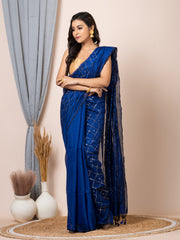 Laa Calcutta Navy Blue & Gold women sequence silk blend handloom saree