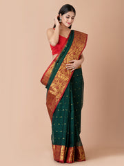 Deep Green & Maroon pure cotton woven design taant saree