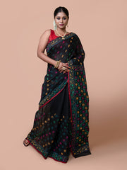 Laa Calcutta Black & Multi Chanderi silk printed pattterns hand woven embroidered kantha stitch saree for women