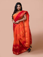 Laa Calcutaa Orange & Red pure cotton taant saree for women