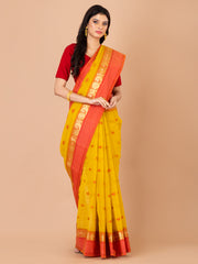 Yellow & Red pure cotton taant saree