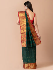 Deep Green & Maroon pure cotton woven design taant saree