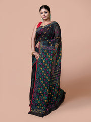 Laa Calcutta Black & Multi Chanderi silk printed pattterns hand woven embroidered kantha stitch saree for women