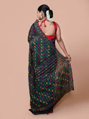 Laa Calcutta Black & Multi Chanderi silk printed pattterns hand woven embroidered kantha stitch saree for women