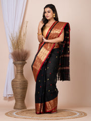Laa Calcutta Black & Maroon women pure cotton Taant saree