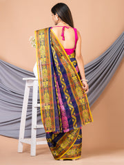 Laa Calcutta Navy Blue & Multi pure cotton Taant saree
