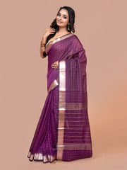 Laa Calcutta Purple silk blend checked golden zari par handloom saree for women