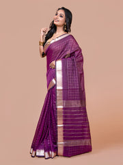 Laa Calcutta Purple silk blend checked golden zari par handloom saree for women