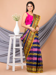 Laa Calcutta Navy Blue & Multi pure cotton Taant saree