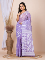 Laa Calcutta Lavender & White Woven jamdani saree
