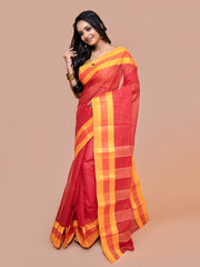 Laa Calcutta Red & Yellow pure cotton stripe design taant saree for women