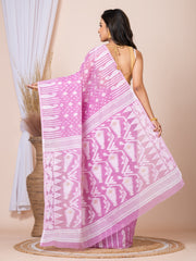 Laa Calcutta Mauve & White Women Woven floral design Pure cotton taant jamdani saree