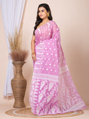 Laa Calcutta Mauve & White Women Woven floral design Pure cotton taant jamdani saree
