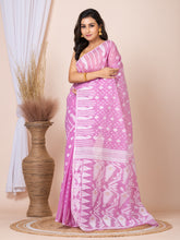 Laa Calcutta Mauve & White Women Woven floral design Pure cotton taant jamdani saree