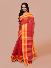Laa Calcutta Red & Yellow pure cotton stripe design taant saree for women