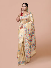 House of Arli Beige & Multi silk blend embroidered kantha work saree for women