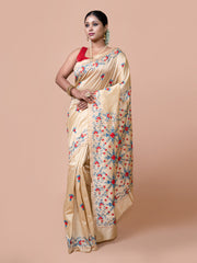 House of Arli Beige & Multi silk blend embroidered kantha work saree for women