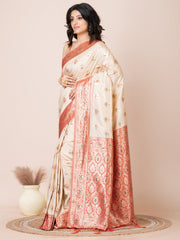 Cream & Red all over zari work Katan silk Benarashi saree