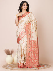 Cream & Red all over zari work Katan silk Benarashi saree