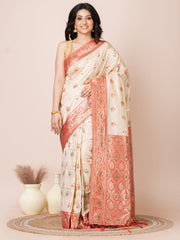 Cream & Red all over zari work Katan silk Benarashi saree