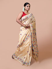 House of Arli Beige & Multi silk blend embroidered kantha work saree for women