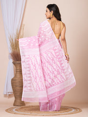 Laa Calcutta Pink & White Women Woven floral design Pure cotton jamdani saree