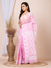 Laa Calcutta Pink & White Women Woven floral design Pure cotton jamdani saree