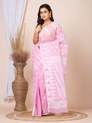 Laa Calcutta Pink & White Women Woven floral design Pure cotton jamdani saree