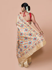 House of Arli Beige & Multi silk blend embroidered kantha work saree for women