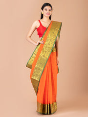 Orange & Green pure cotton woven design taant saree