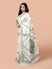 Laa Calcutta White & Green Chanderi silk hand woven embroidered kantha stitch saree for women