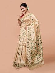 Laa Calcutta Beige & Green silk blend embroidered kantha work saree for women