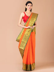 Orange & Green pure cotton woven design taant saree