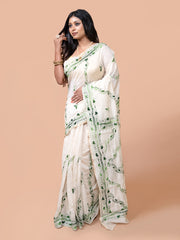 Laa Calcutta White & Green Chanderi silk hand woven embroidered kantha stitch saree for women