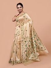 Laa Calcutta Beige & Green silk blend embroidered kantha work saree for women
