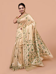 Laa Calcutta Beige & Green silk blend embroidered kantha work saree for women