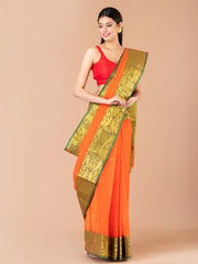 Orange & Green pure cotton woven design taant saree